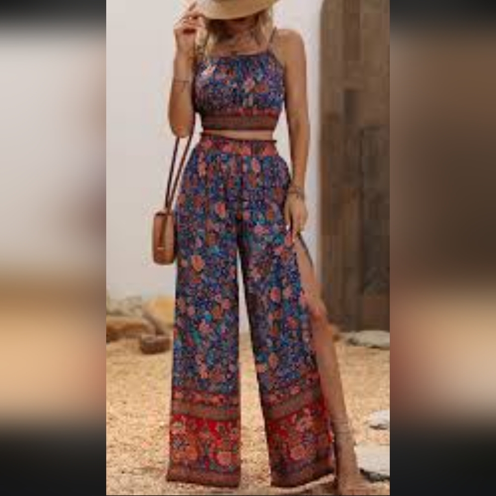 Boho Floral Two-Piece Wide-Leg Jumpsuit - Navy/Red - Medium